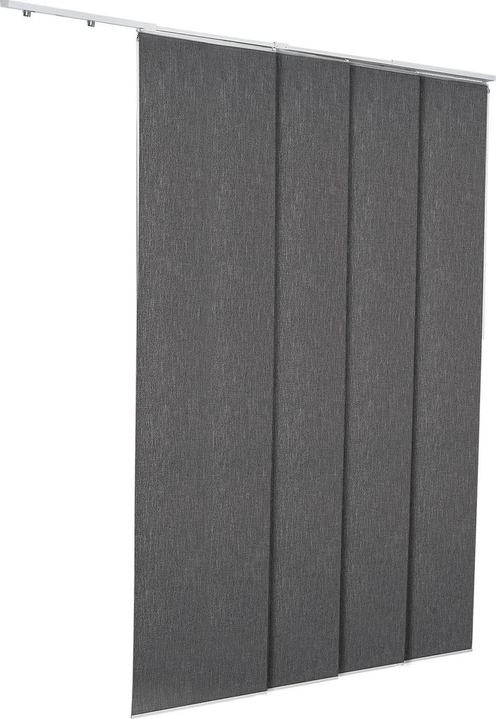A set of dark gray panel blinds hanging from a track.