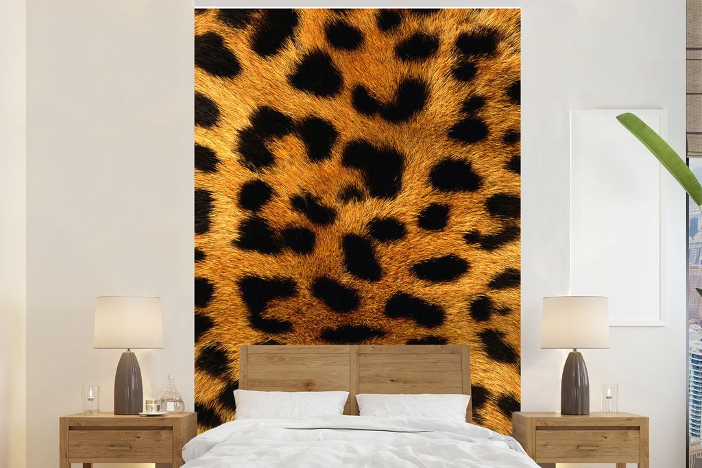 MuchoWow Fototapete für Wohnzimmer oder Schlafzimmer Wandtapete Vinyl Motivtapete Tierfell - Leopard - Wild - 195x300 cm - Das Hintergrundbild