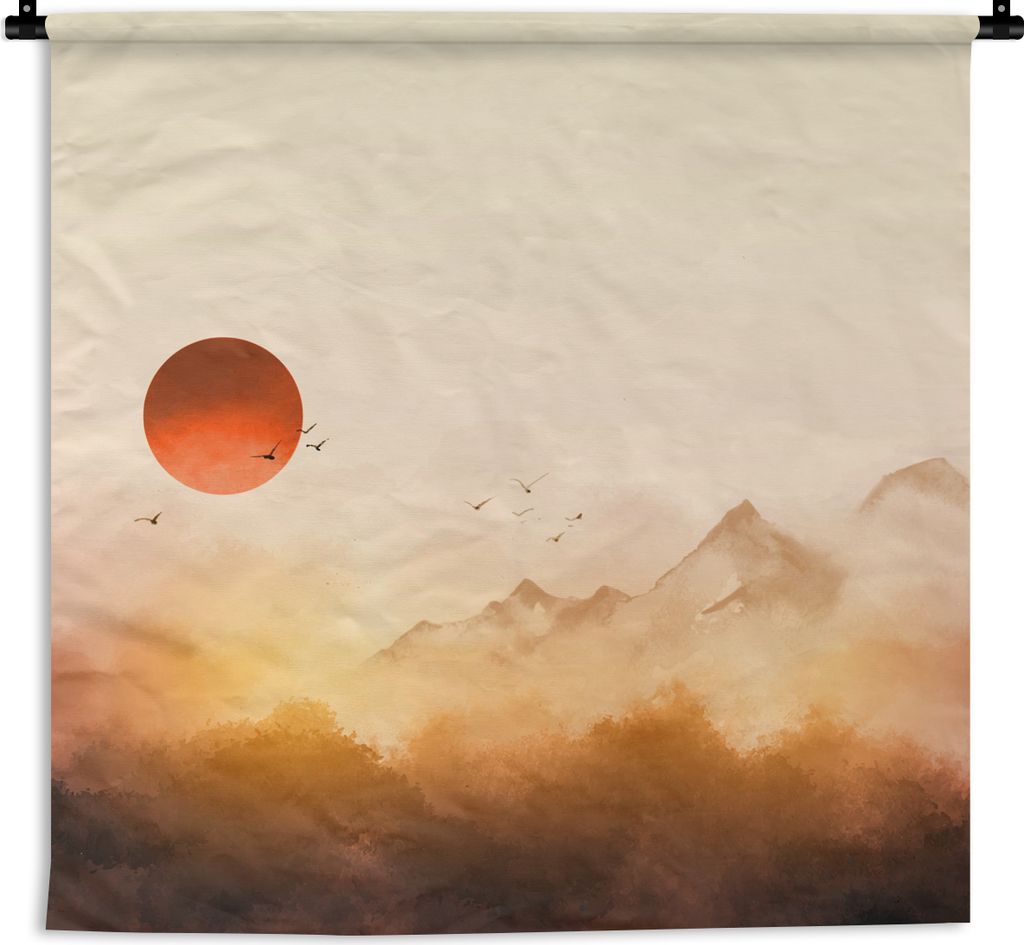 MuchoWow Wandteppich Wandbehang Malerei - Sonne - Landschaft - Vögel 120x120 cm Tapisserie Dekoration Wandtuch - Modern - Baumwollgewebe