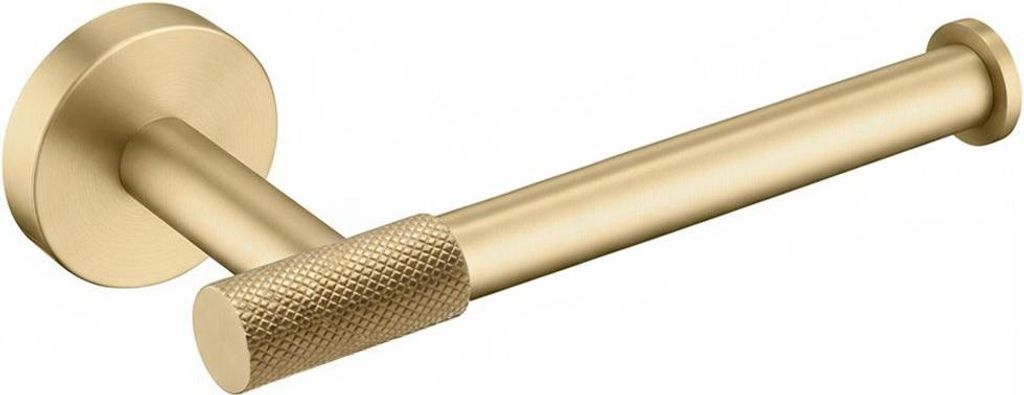 A gold-colored toilet paper holder mounted on a wall.
