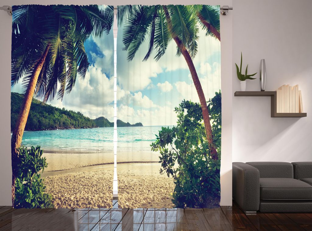 ABAKUHAUS Strand Rustikaler Vorhang, Sommer Vintage tropische, Wohnzimmer Universalband Gardinen mit Schlaufen und Haken, 280 x 175 cm, Dark Green ...