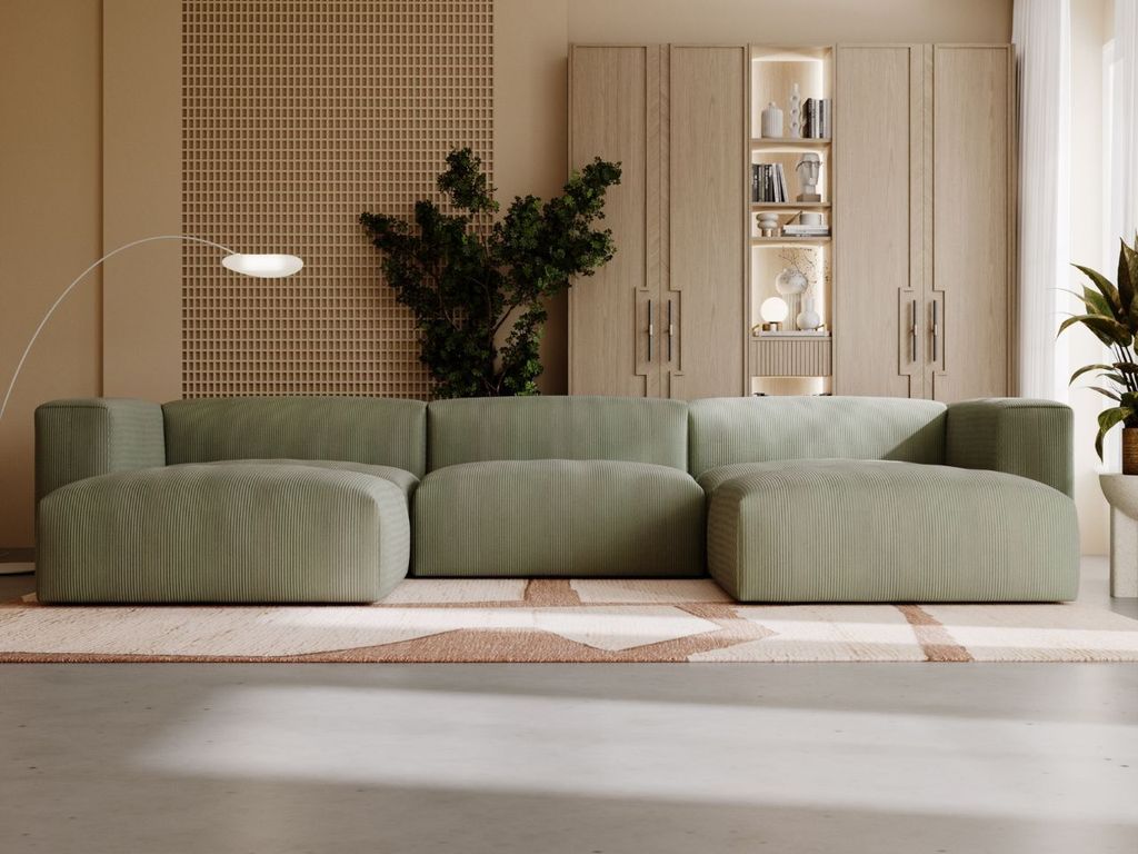 GrainGold Ecksofa U-Form Landi - Moderne Cord Ecksofa, Wohnzimmer Sofa - Eckcouch Grün (Lincoln 37)