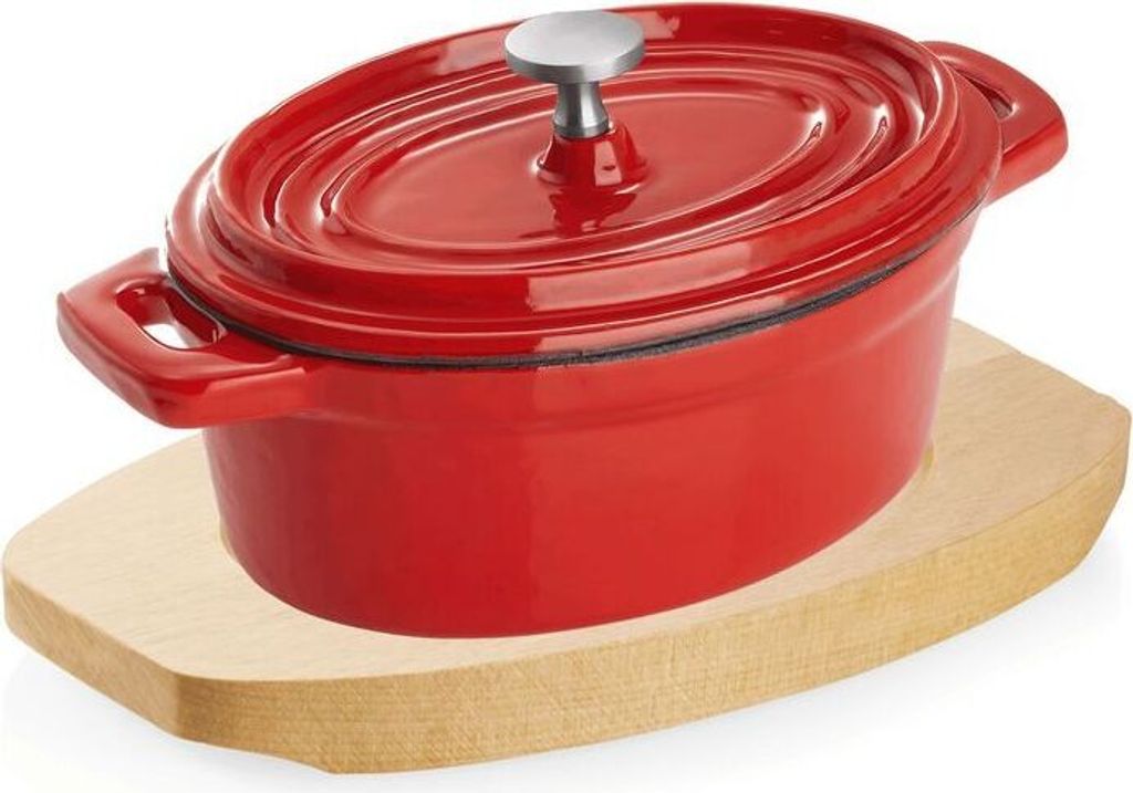 4x Cocotte rot Gusseisen 12,5 x 9,5 x 6,5 cm mit Deckel emailliert + 4x Holzuntersetzer