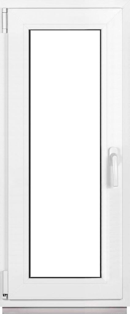 A white window frame with a clear glass pane, isolated on a white background.