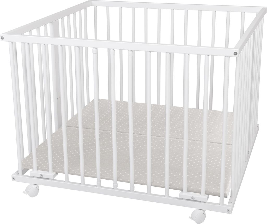 WALDIN Baby Laufgitter Laufstall ca.100 x 100 cm Buche massiv höhen-verstellbar,Weiß,Weiß lackiert