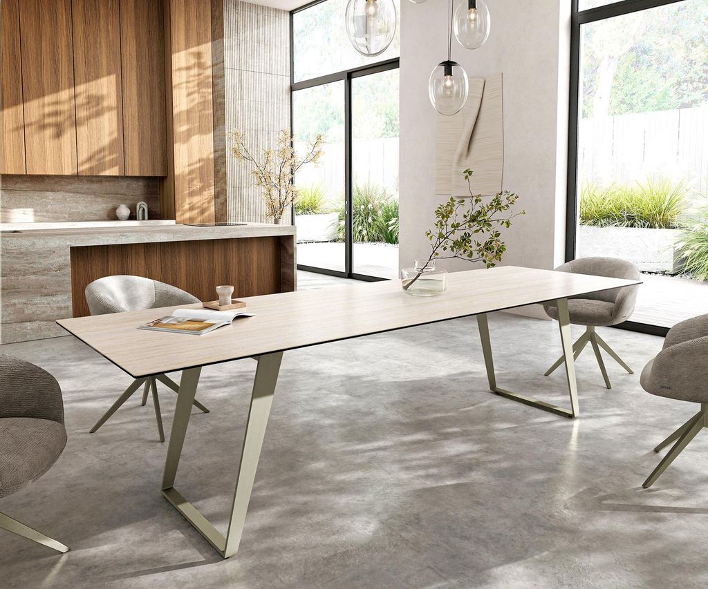 DELIFE Esstisch Edge 300x100 cm Keramik Laminam Travertino Bianco Creme-Weiß Metall Schräg Effektfinish Titan