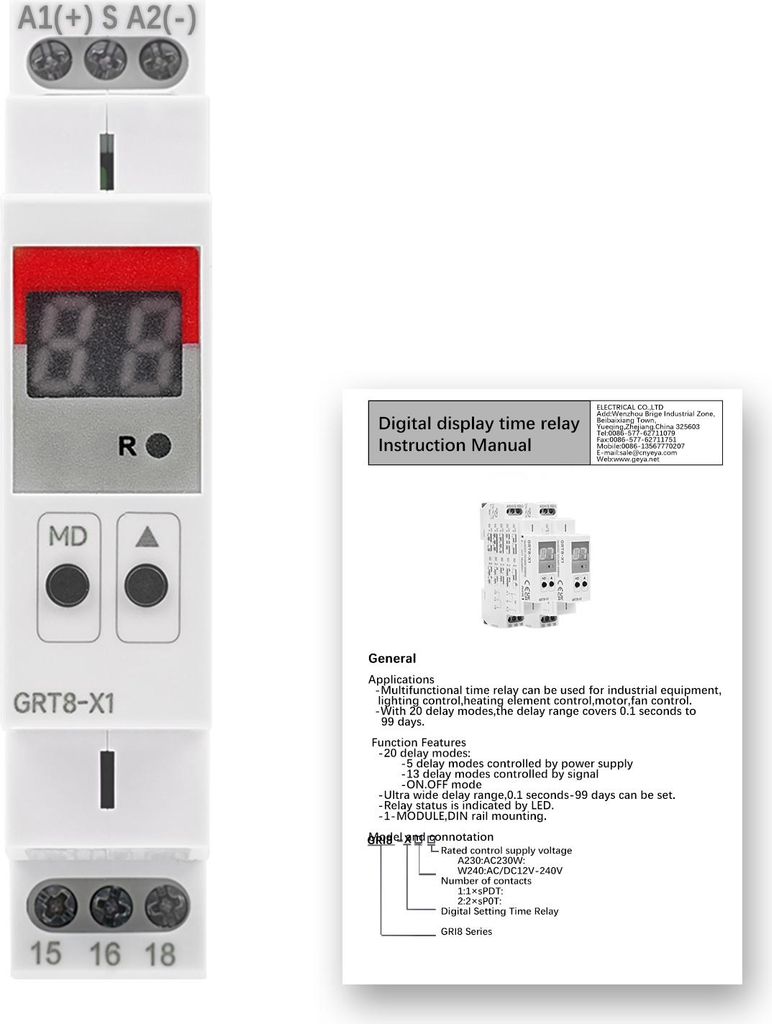 GRT8-X1 Multifunktionales Zeitrelais mit 20 Funktionen, Digitalanzeige, Einstellbare Verzögerung AC/DC 12V-240V