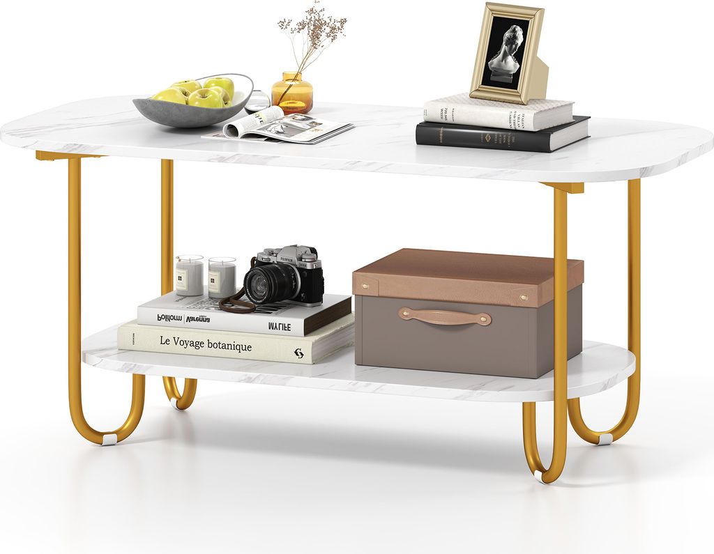 COSTWAY Couchtisch mit Faux-Marmorplatte, 2-stufiger moderner Teetisch mit robustem Metallrahmen, rechteckiger Sofa-Beistelltisch