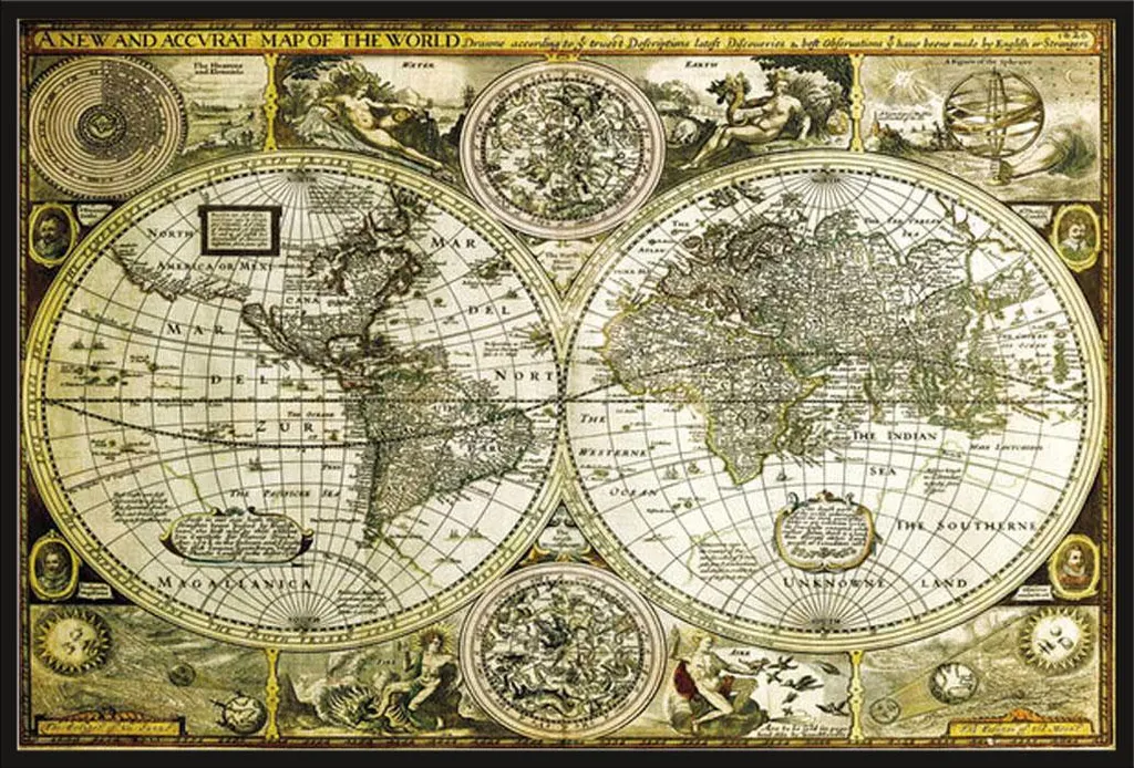 Mappa del Mondo Storica con Cornice Shinsuke Maxi Nera | Poster Artistico