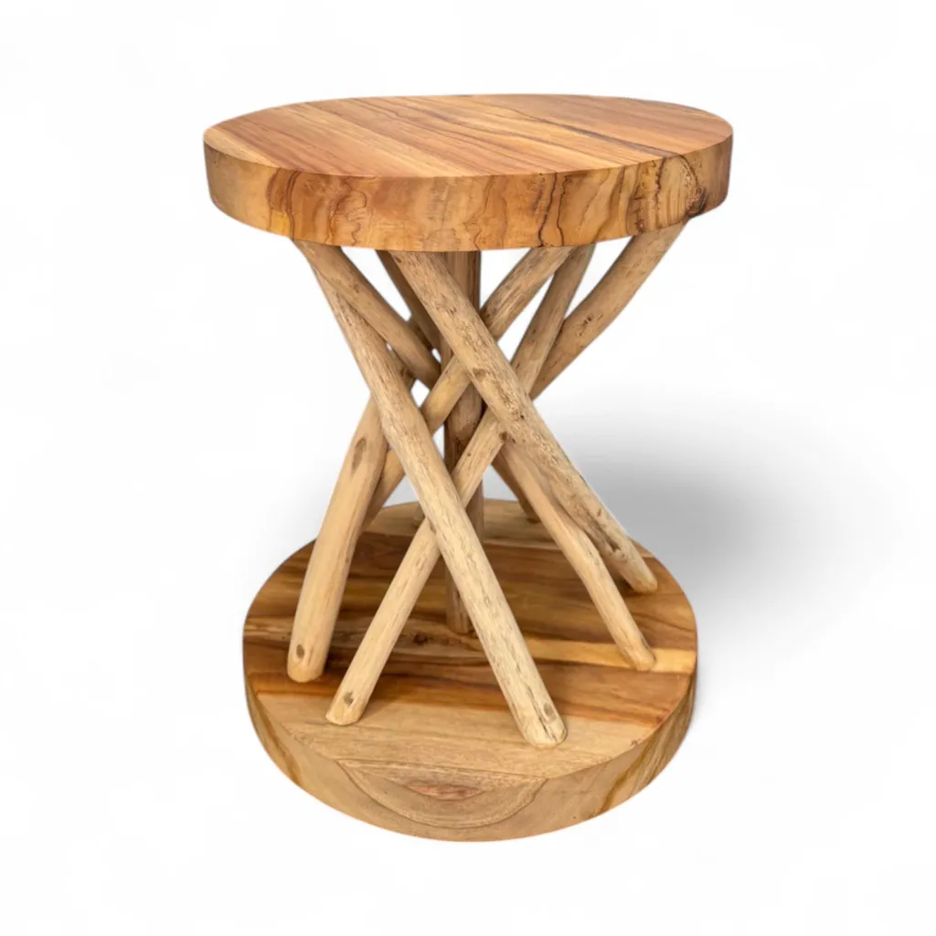 Tabouret en Bois et Bout de Canapé Artisanal - Table Basse en Teck