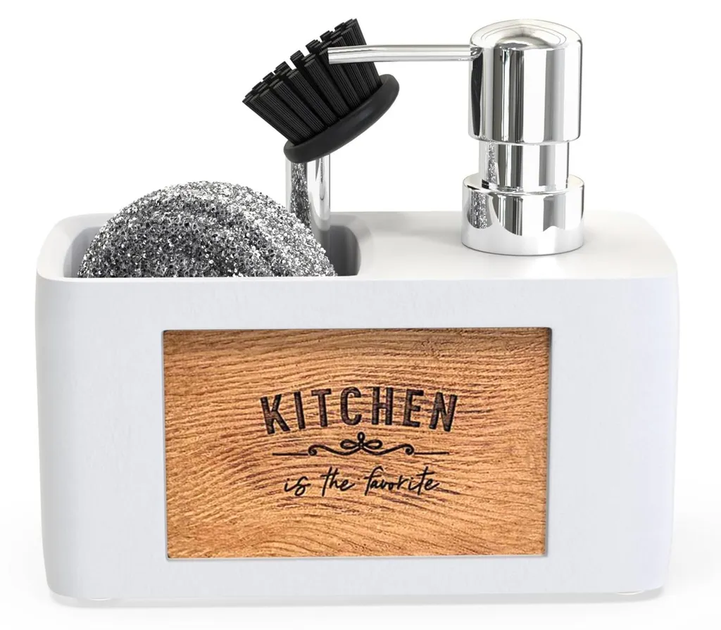 Distributeur de liquide vaisselle et savon cuisine blanc avec rangement