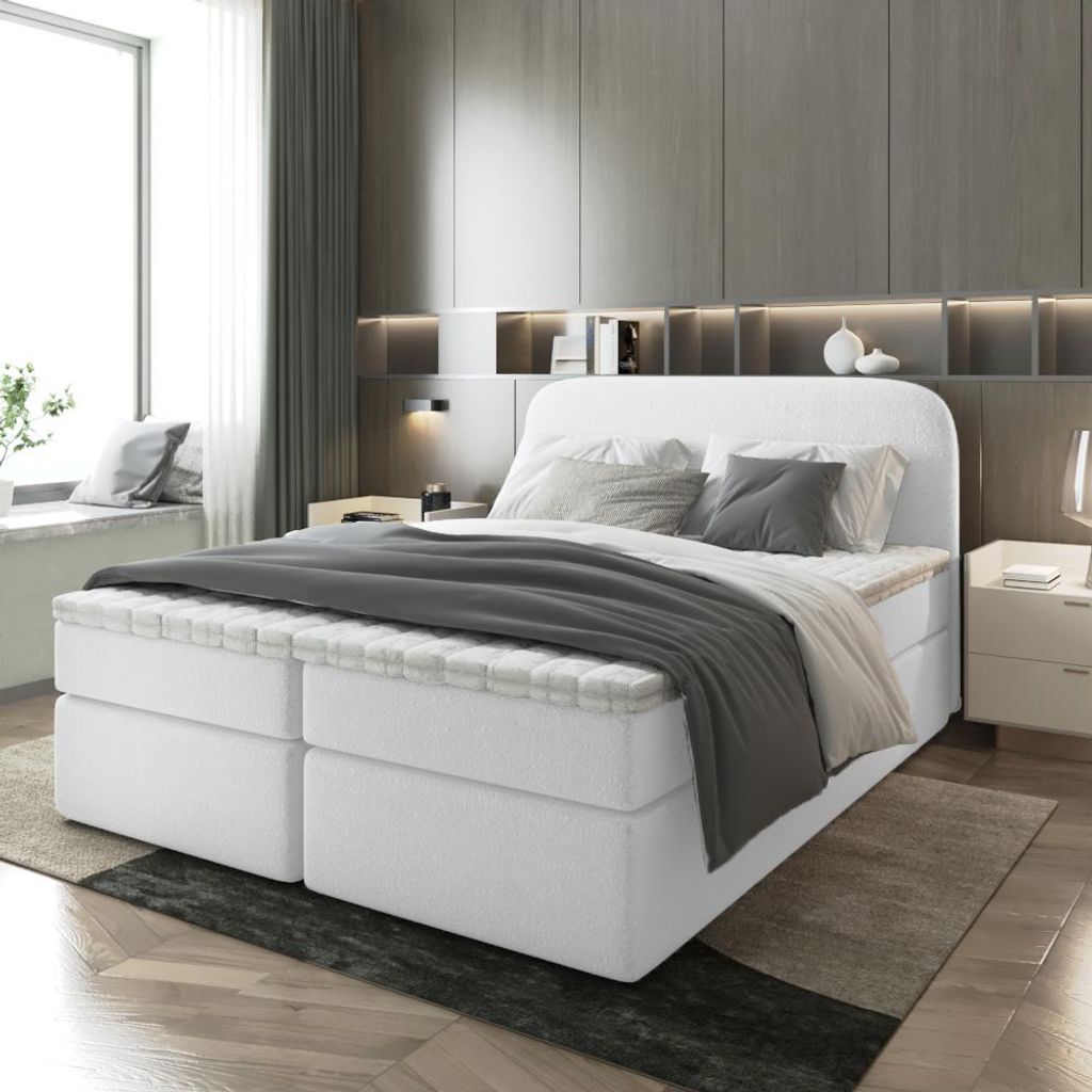 Bett, Boxspringbett BONA mit Bettkästen und T25 Topper, Doppelbett, Stauraum, Schlafzimmer, Polsterbett, Bettgestell 160x200, (Weiss - Coral 70)