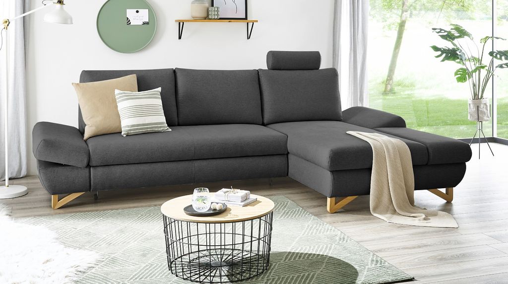 Ecksofa "Skalm" in grau Velours Sofa mit Bettfunktion und Stauraum 284 cm