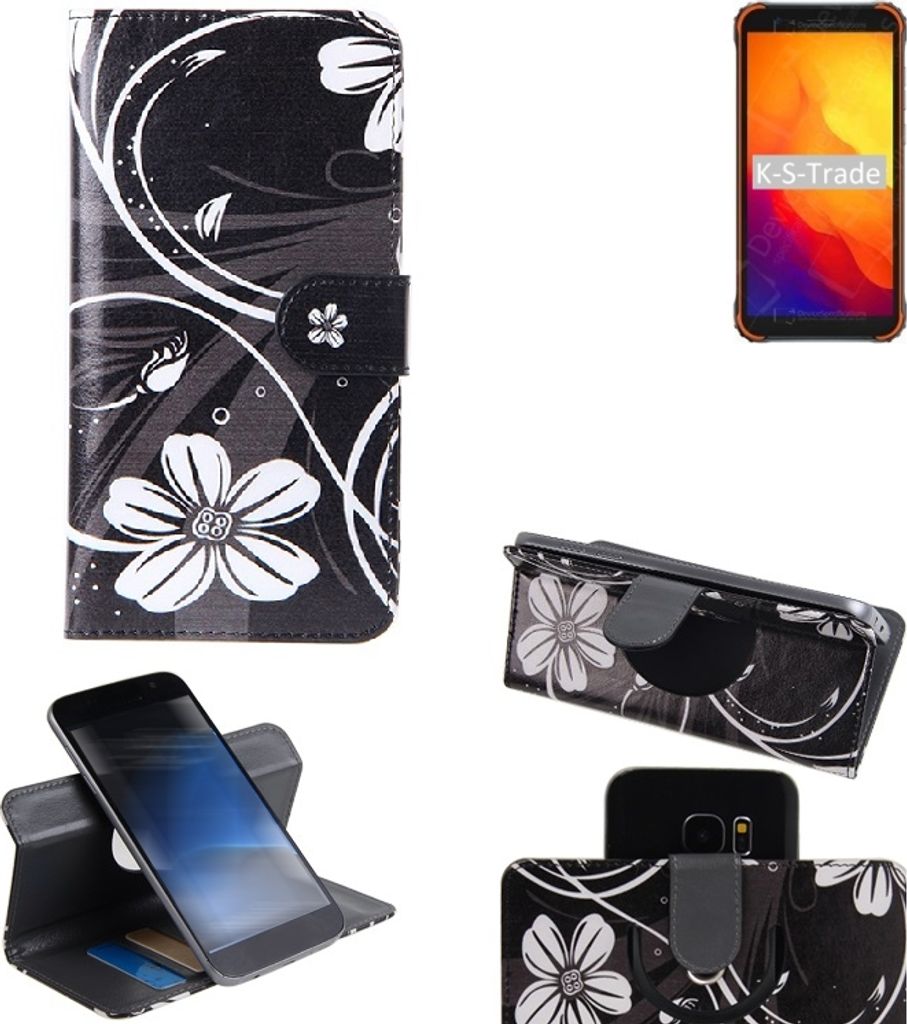 K-S-Trade Schutzhülle Handyhülle kompatibel mit Blackview BV4900S Hülle 360° Wallet Case ''Flowers'' Klapphülle Hülle schwarz-weiß 1x