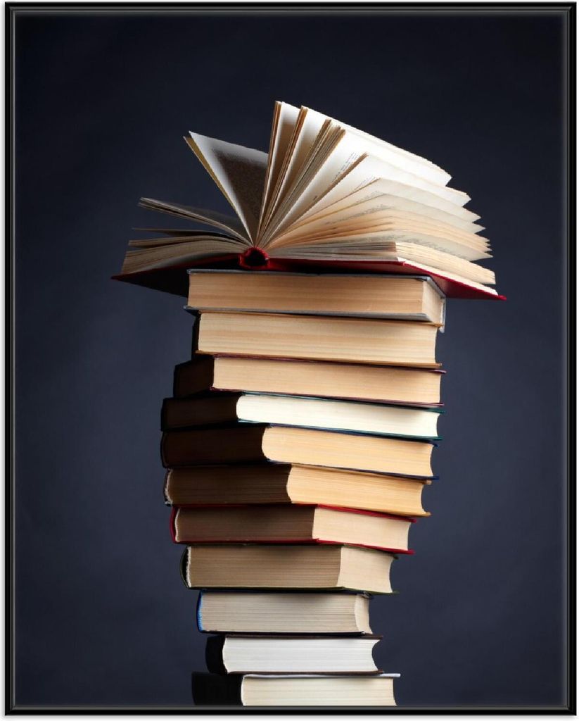 Wallario Wandbild Bücherstapel, Größe: 40,30 x 50,30 cm, Poster mit schwarzem Aluminiumrahmen