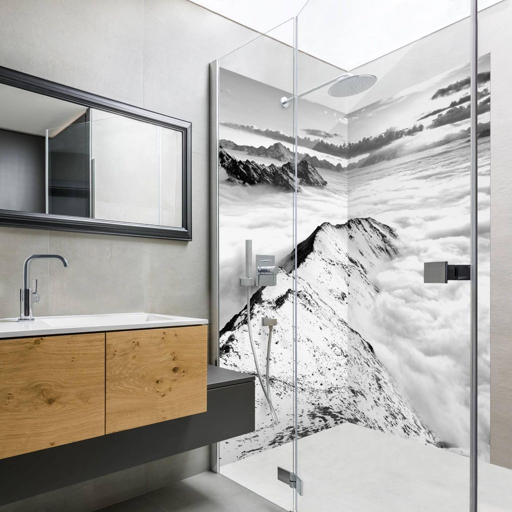 Duschrückwand Natur selbstklebend - 0.35 mm Wandpaneel wasserfest Berg schwarz weiss Motiv Badrückwand fugenlos Smart matt 90x190 cm