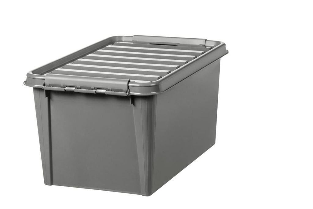 A gray storage box with a lid, shown from a three-quarter angle against a white background.