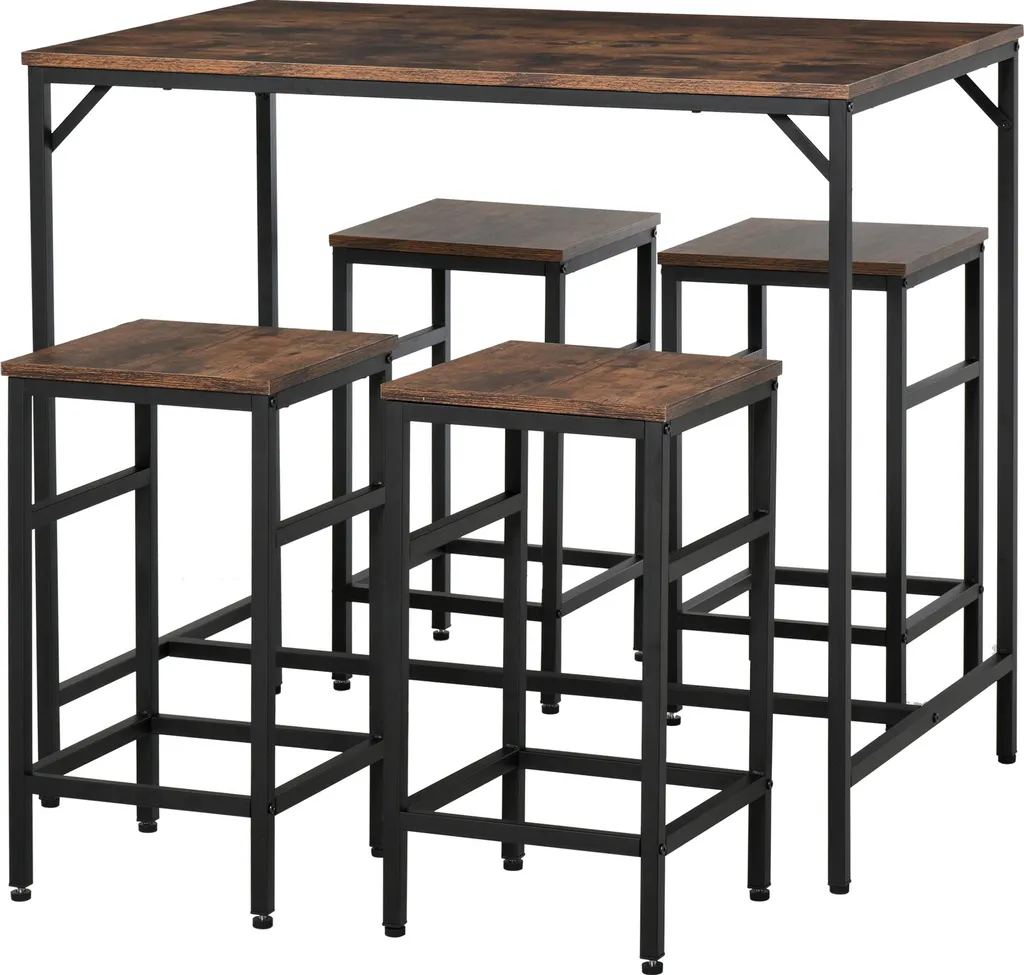 Table haute bois et métal noir 100x60cm avec 4 tabourets gain de place