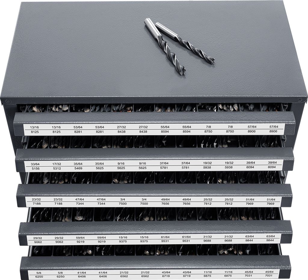 A gray metal organizer with multiple drawers filled with drill bits, with two drill bits on top.
