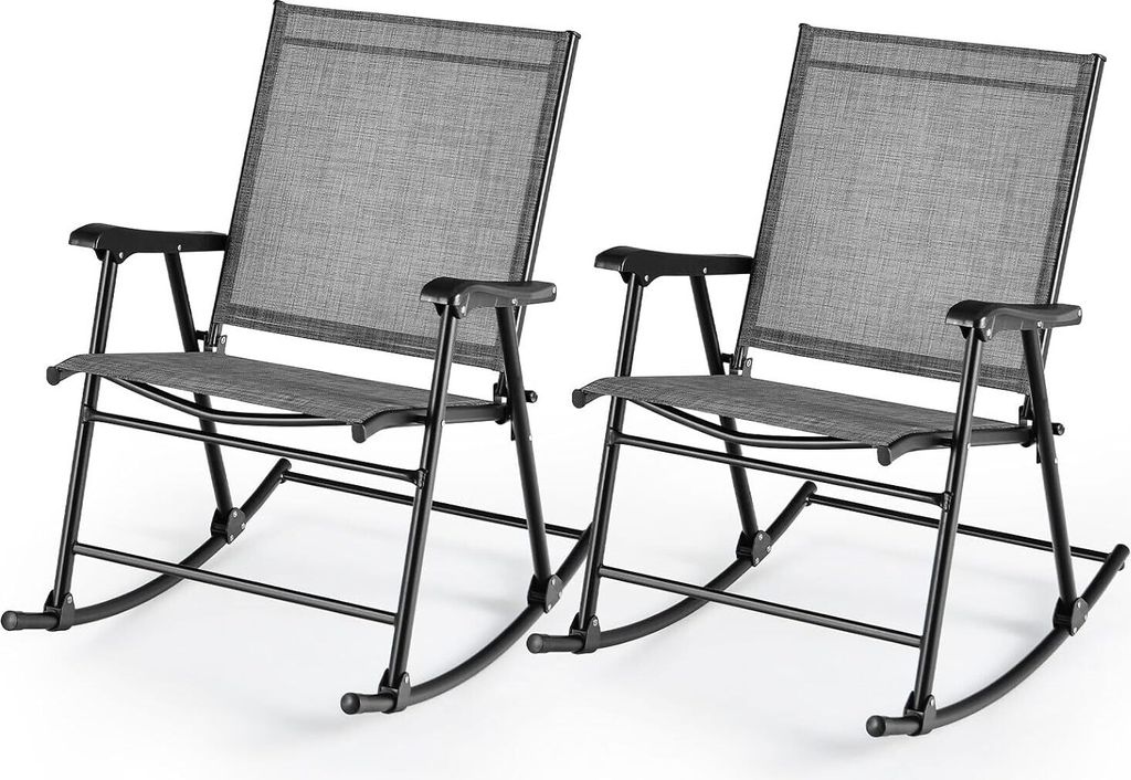 GOPLUS Schaukelstuhl Outdoor, 2er Set Gartenstuhl klappbar mit hoher Rückenlehne, Armlehnen & Fußstütze, Balkonstuhl aus Metall bis zu 150kg