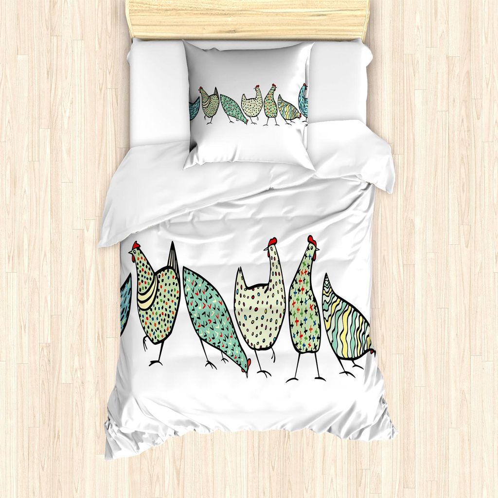 ABAKUHAUS Hähnchen Bettbezug Set, Nette Tiere auf dem Bauernhof in Zier Geometric Childish Geflügel Landwirtschaft Kinder, 135 x 200 cm + 80 x 80...