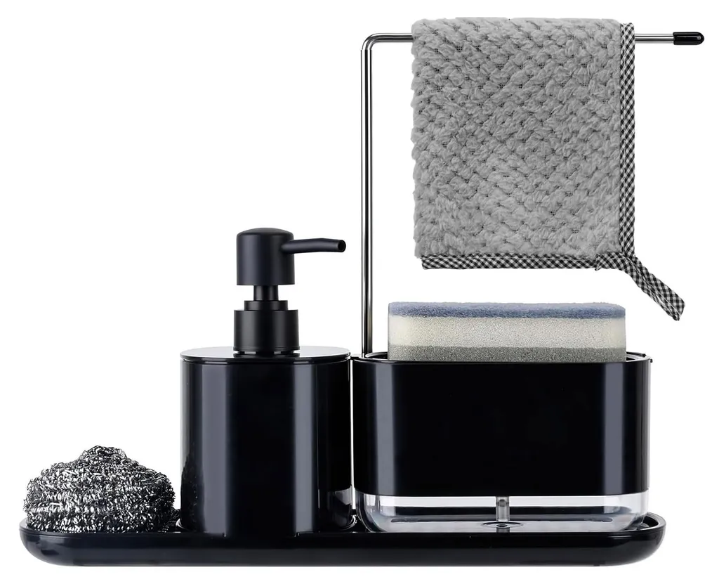 Organiseur de cuisine avec distributeur de savon noir et porte-éponge