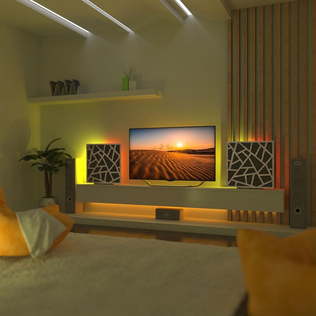 2er Pack Akustikpaneele "SKYROSS" mit RGB-Schreibtischlampe | Mobiler Ständer mit LED-Tischfuß |Für Podcast-Studios|50×50cm|Sonoma