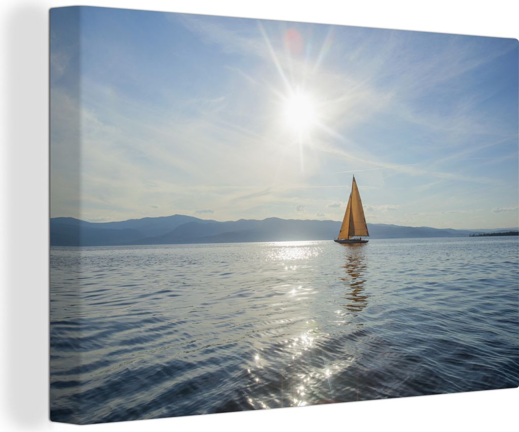 OneMillionCanvasses - Leinwandbilder - 140x90 cm, Sonnenstrahlen über dem gelben Segelboot auf einem See, Wandbilder Kunstdruck Wanddekoration -...