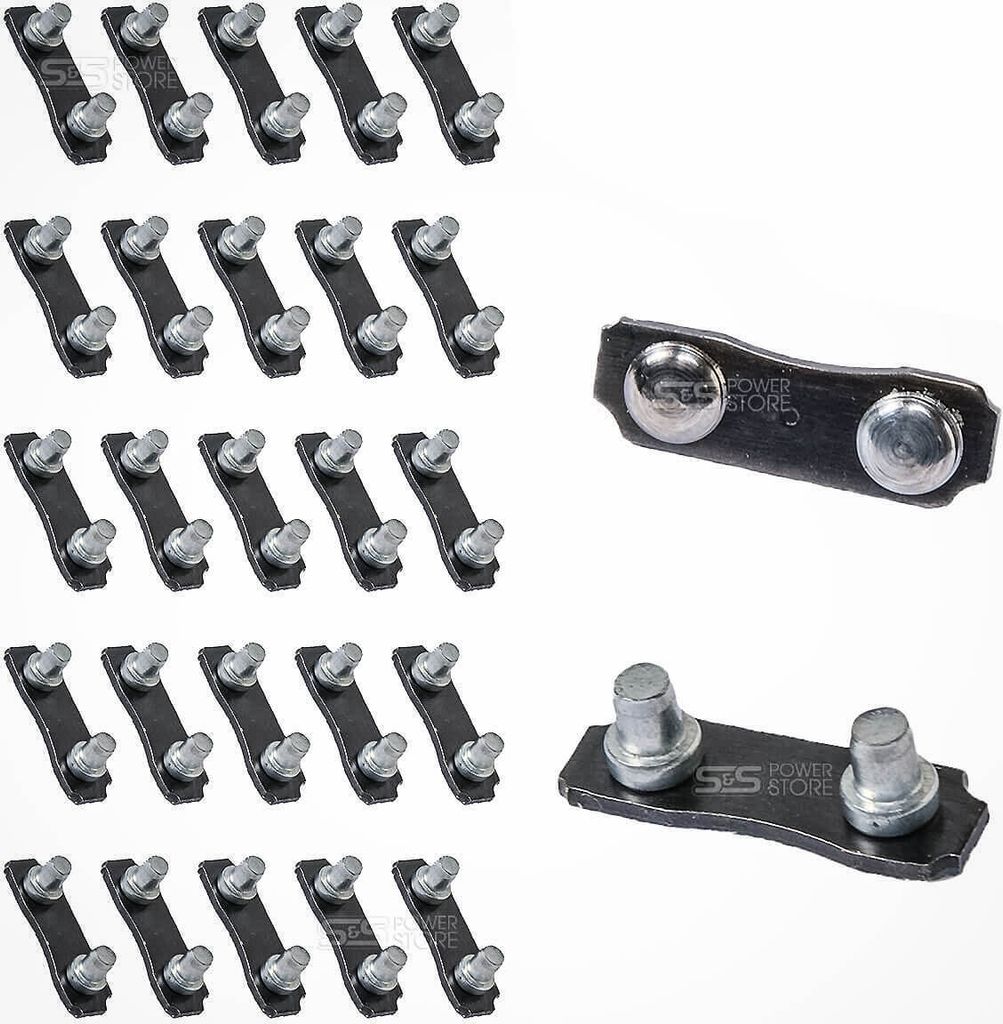A collection of chainsaw chain connecting links arranged in rows and two individual links shown separately.