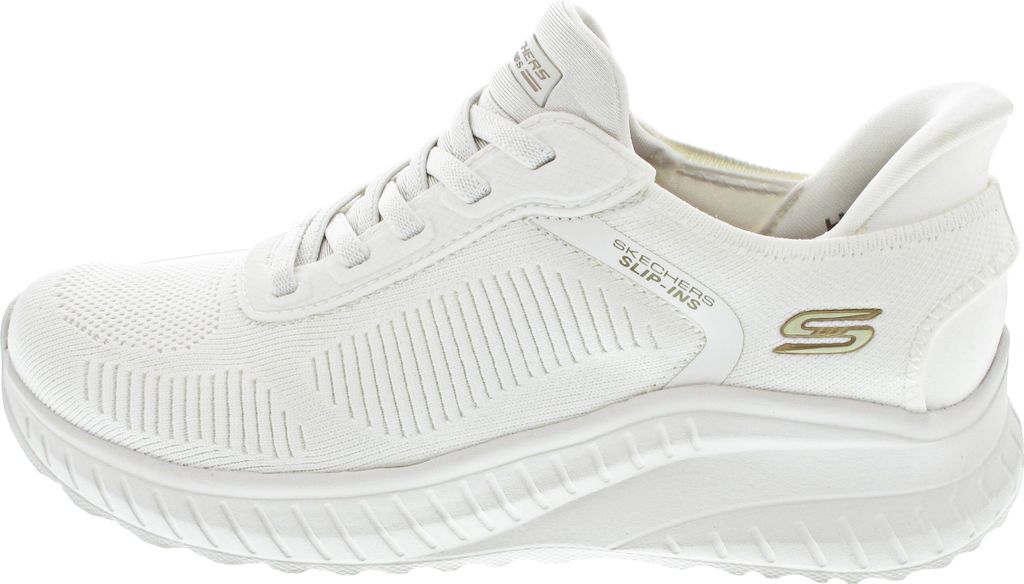 A side view of a white Skechers slip-on sneaker.