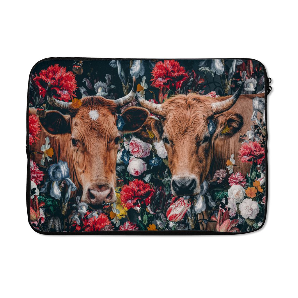 MuchoWow Laptop Hülle 13 Zoll Kuh - Blumen - Tiere - Porträt Laptoptasche - Laptophülle - Sleeve - Rundumschutz