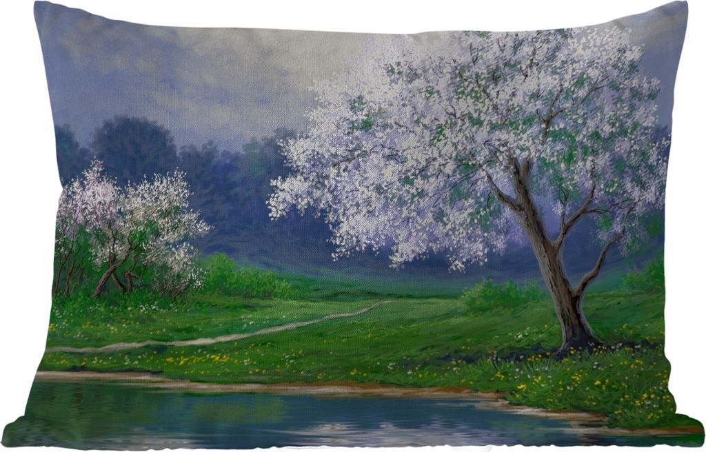 MuchoWow Outdoor Kissen - Malerei - Baum - Blüte - Natur - Wasser - 50x30 cm - Wetterfest - Lounge Kissen - Sofa kissen - Wohnzimmer Dekoration