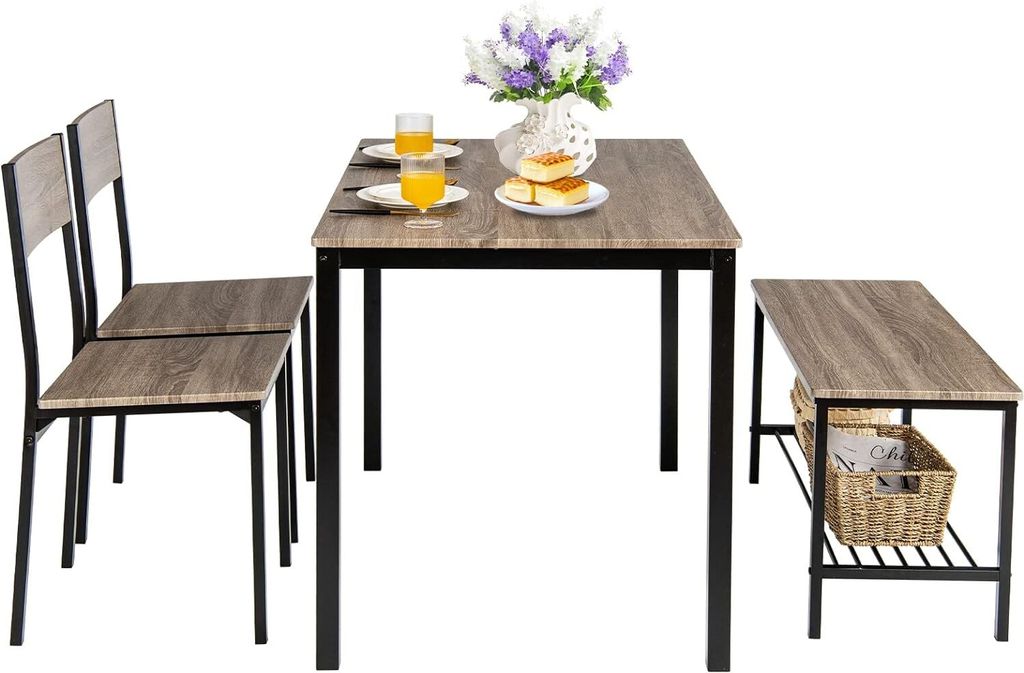 A dining set with a table, two chairs, and a bench with a shelf.