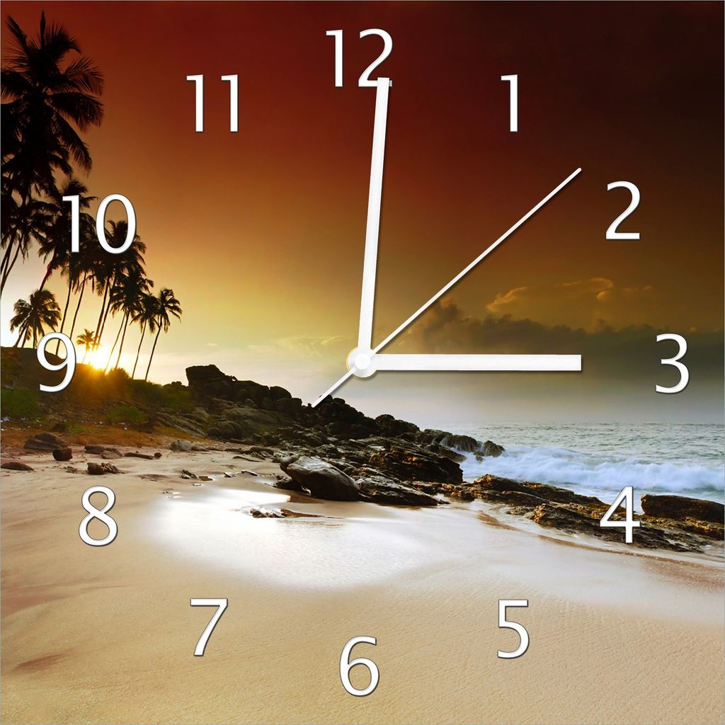Wallario Design Wanduhr Sri Lanka - Palmenstrand mit Sonnenuntergang aus Echtglas, Größe 30 x 30 cm