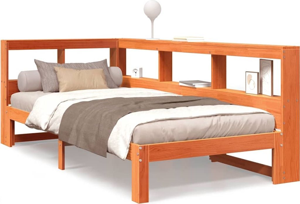 vidaXL Massivholzbett mit Regal ohne Matratze Wachsbraun 90x200 cm