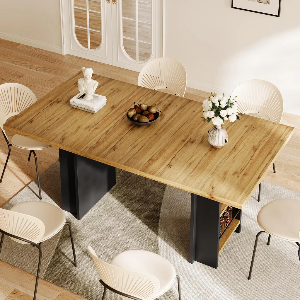 Table de cuisine avec étagères, table extensible bois 120x80 cm