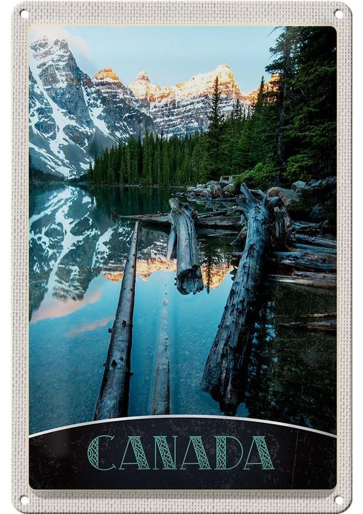 Blechschild Reise 20x30cm Kanada Winter Schnee Natur Wald Fluss