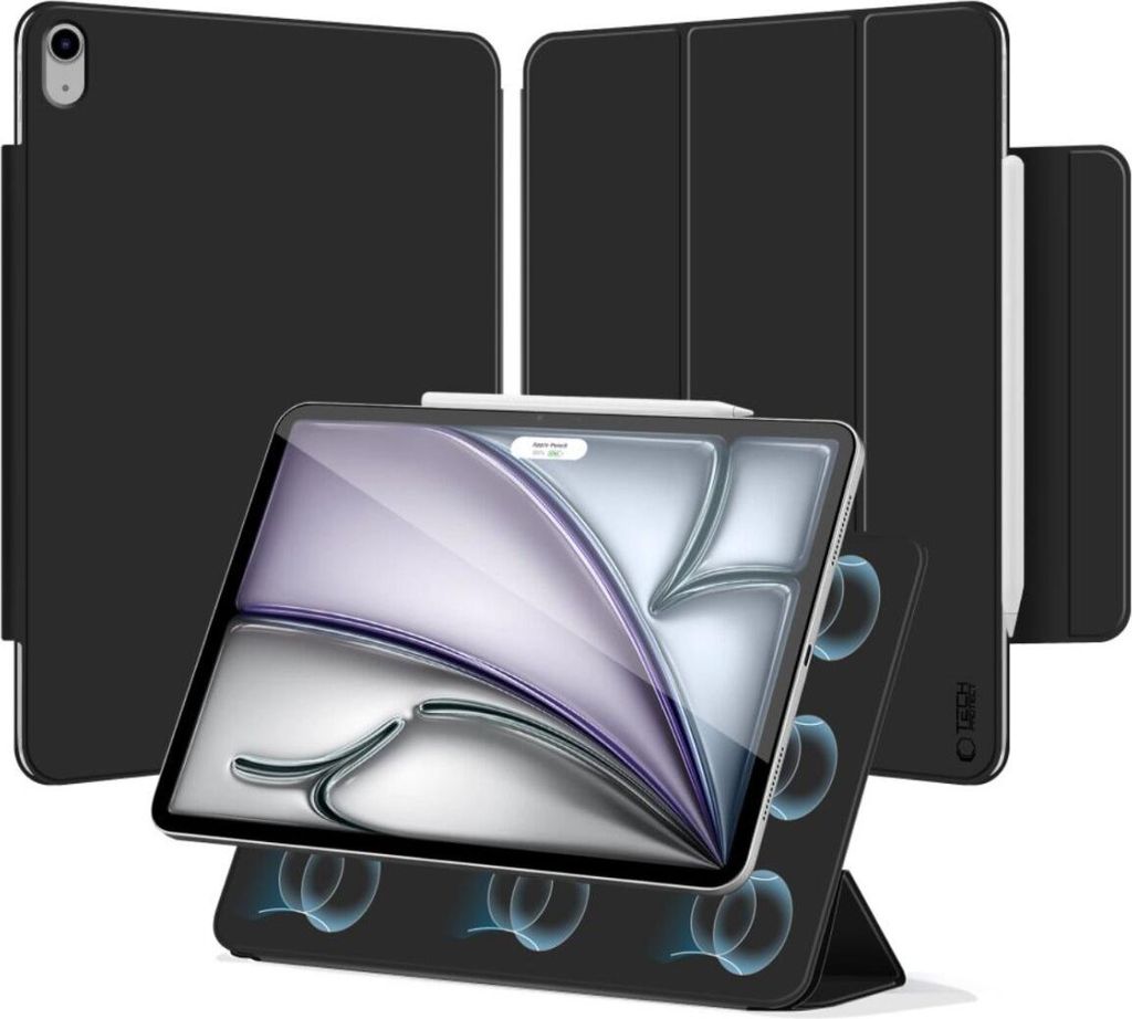 A collage of black iPad cases, with one case open and displaying an iPad screen.