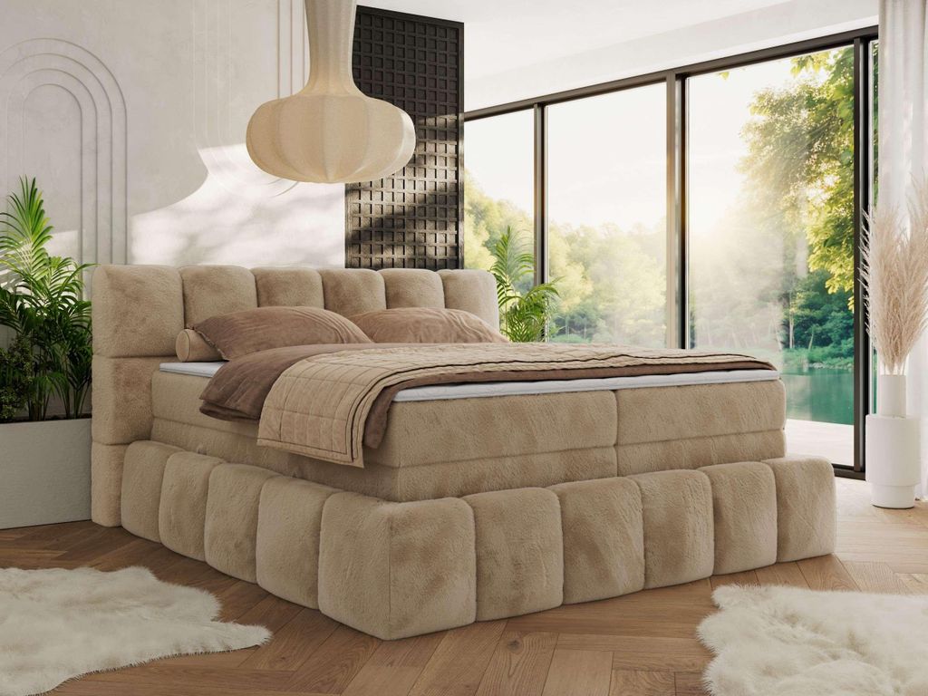 MKS MEBLE Boxspringbett 200 x 200 mit bettkasten NIRA KING, Polsterbett 7 Zonen Multipocket-Matratze und Topper, Doppelbett - Beige Plüsch - H4