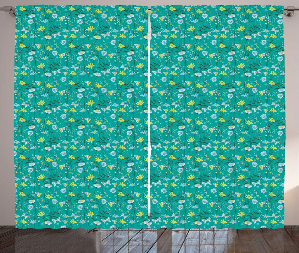 ABAKUHAUS Rideau à ruban froncé Fleurs Sauvages Mousse Marine 280x225cm
