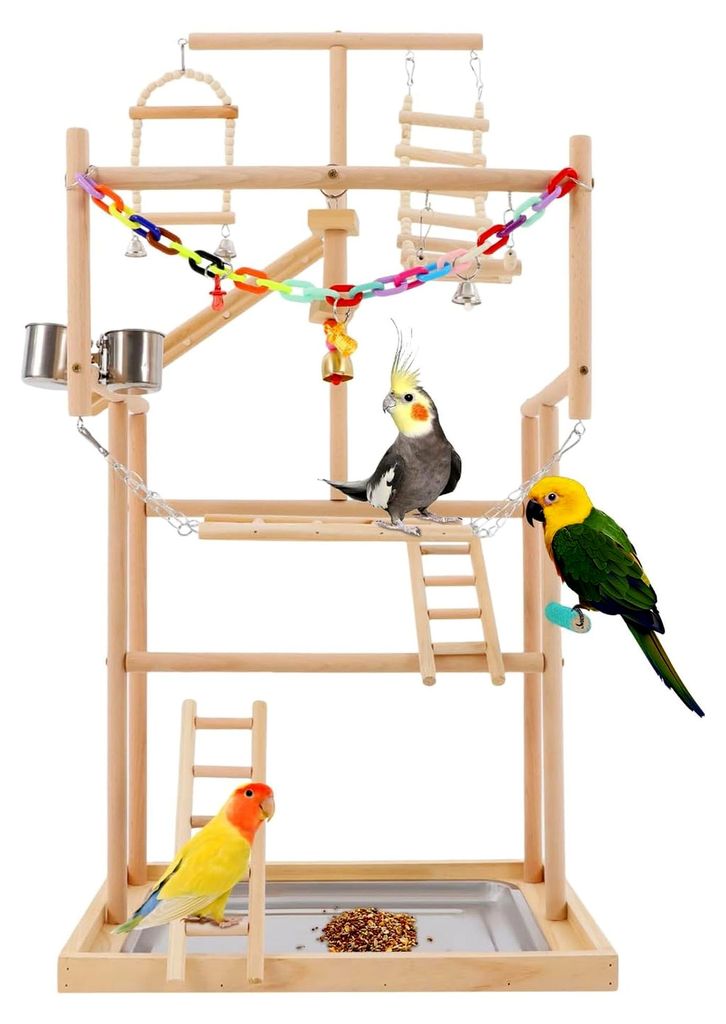 Papageien Spielplatz, 4 Ebenen Vogelspielplatz mit Futterbechern, Holzschaukel, Leiter und Glocken für Wellensittiche und Nymphensittiche, 48 x 33...