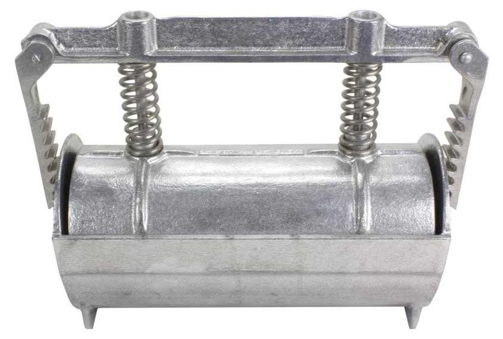A close-up, front-facing studio shot of a silver meat press for making homemade ham.