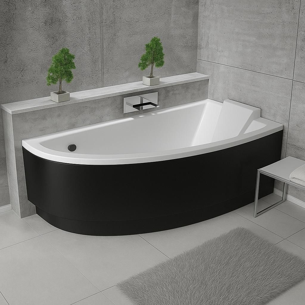 Badewanne PRAKTIKA 140 x 70 mit Füßen , mit Siphon und schwarz Schürze, rechte