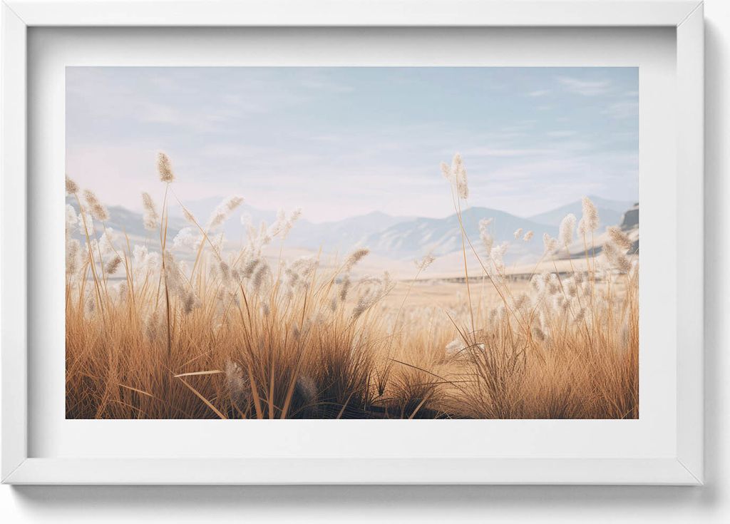 Romantische Landschaft aus Gräsern und Bergen im Boho-Stil– Wandbild mit Rahmen – Gerahmtes Bild – Wanddekoration – 60x40 cm – Schwarz...