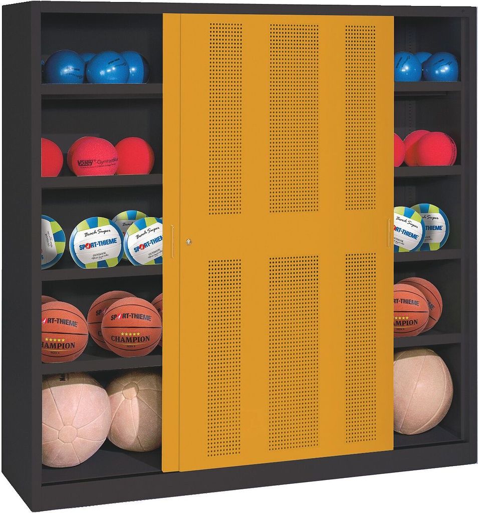 C+P Ballschrank mit Lochblech-Schiebetüren (Typ 4), HxBxT: 195x120x60 cm, Goldgelb (RAL 1004), Anthrazit (RAL 7021), Einzelschließung