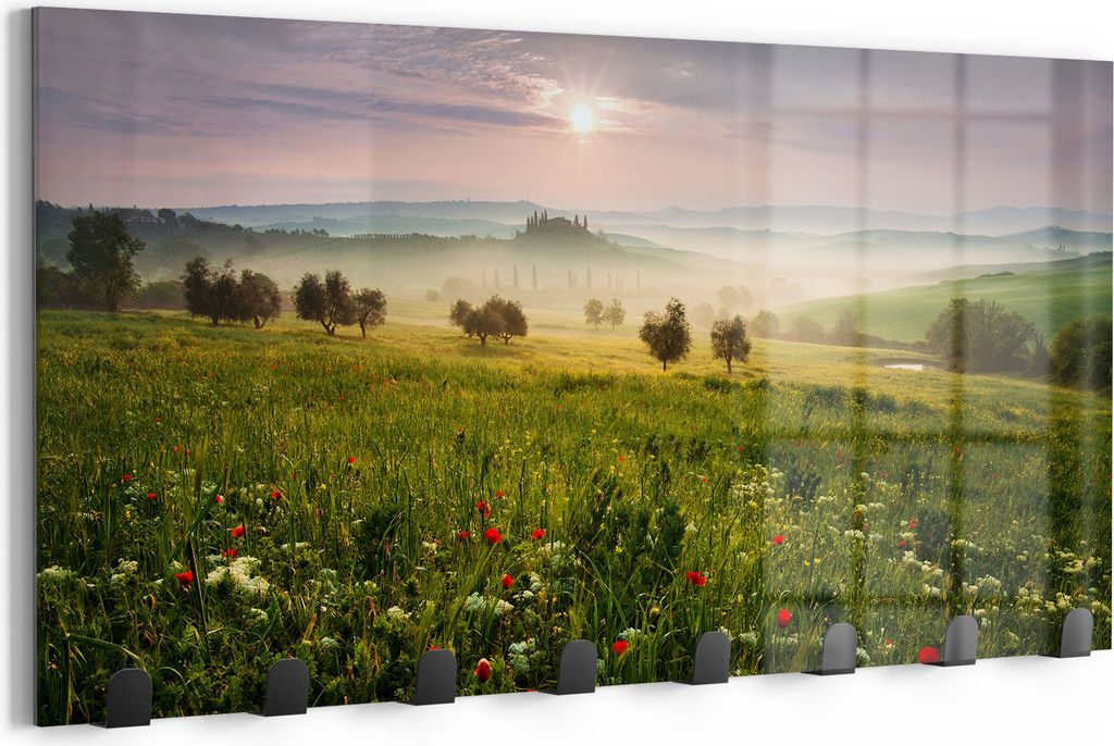DEQORI Kleiderhaken Glas 60x30 cm 'Idyllisches Morgenlicht' Wand Garderobe beschreibbar Paneel