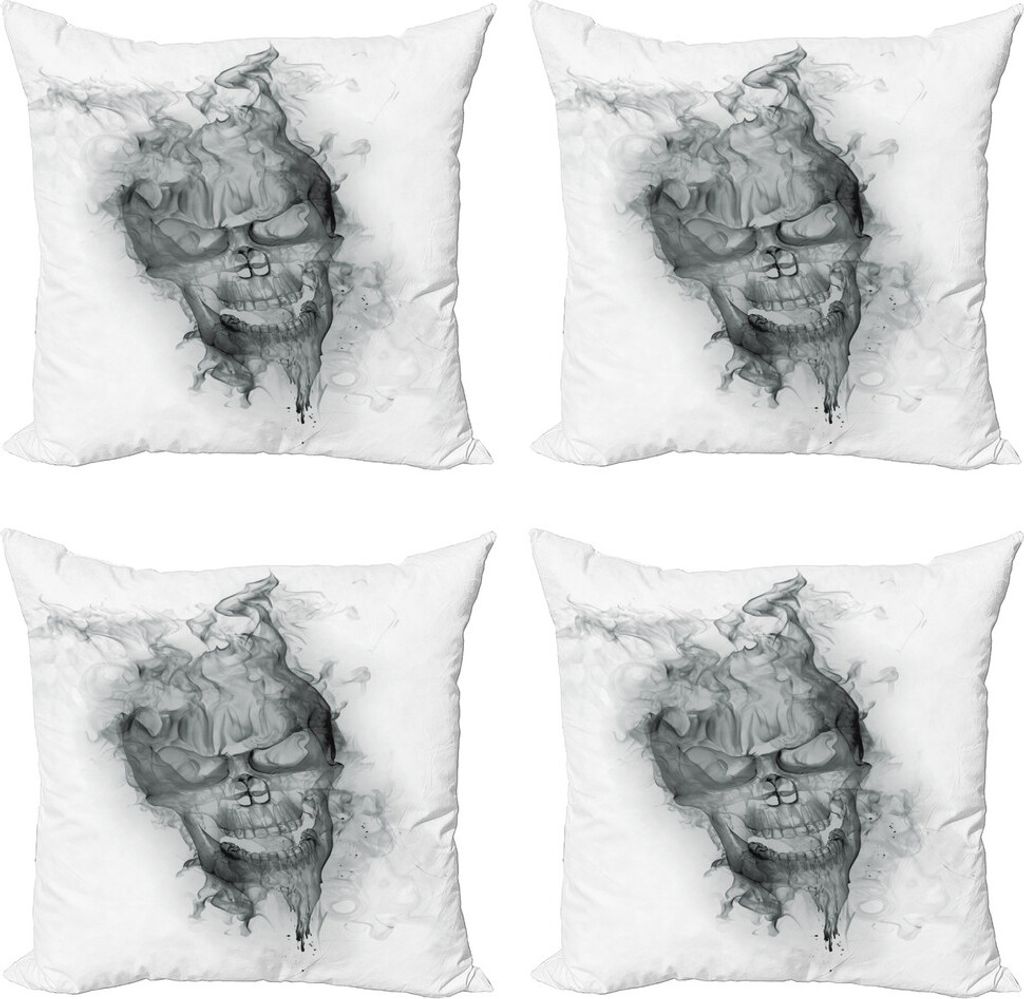 ABAKUHAUS Schädel Kissenbezug Set (4 Stück), Smoky Schädel Grungy Kunst, Moderner Doppelseitiger Digitaldruck, 60 cm x 60 cm, Grau weiß