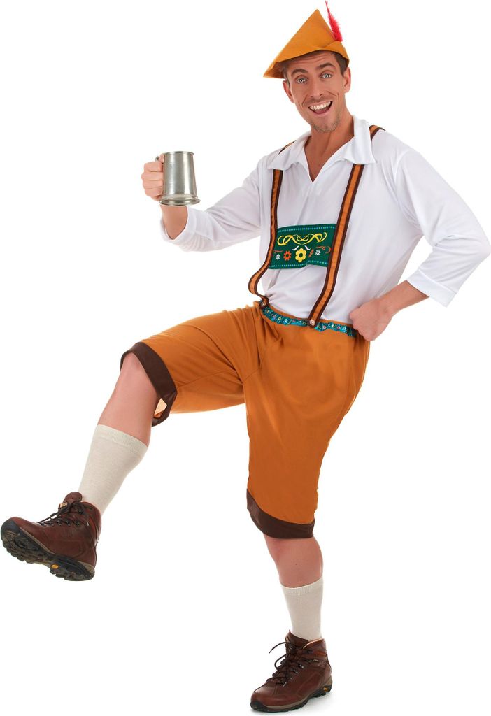 A man in traditional Bavarian attire, holding a beer mug and posing.