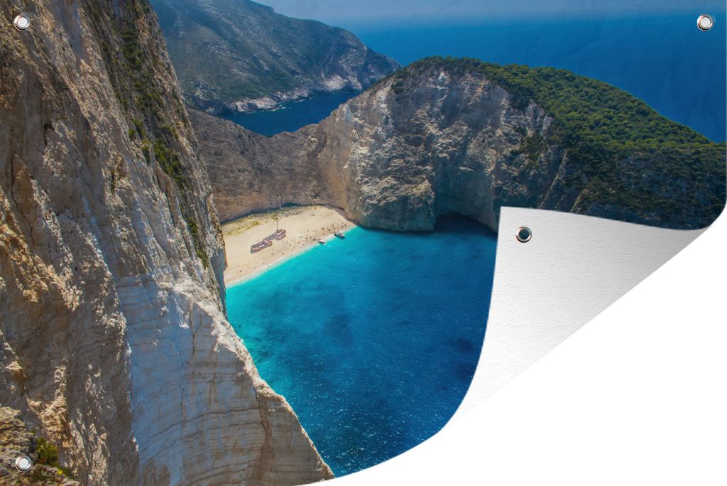 MuchoWow 90x60 cm Outdoor-Poster Gartendeko Sichtschutz Garten Poster für den Garten Navagio Strand mit Schiffswrack bei Sonnenuntergang
