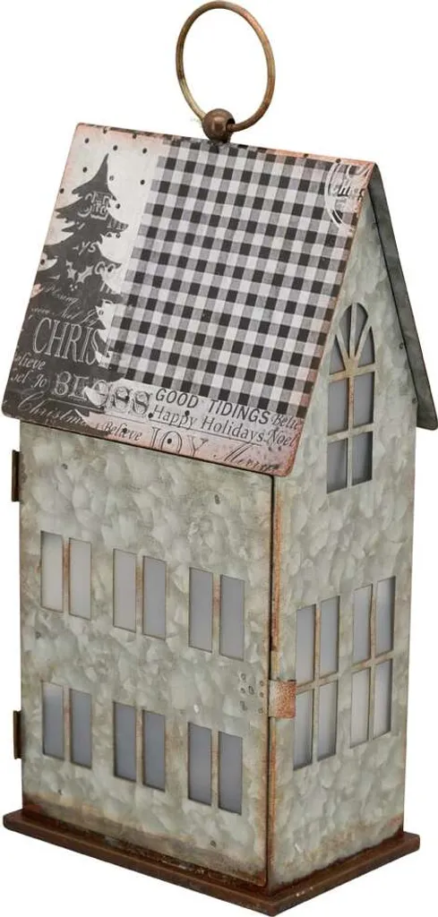 Photophore maison lumineuse en métal gris à LED de 34,9 cm avec timer